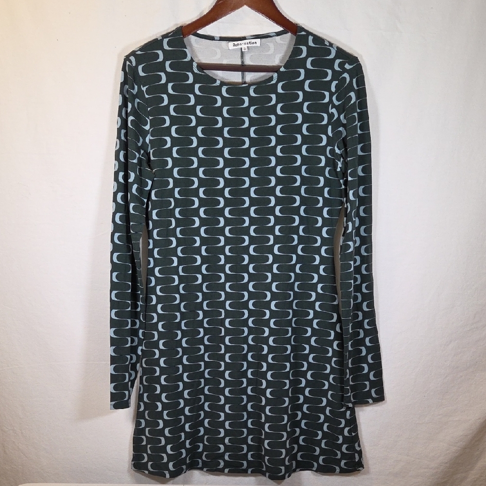 Reformation Dark Green and Light Blue Long Sleeve Mini Dress Size Large